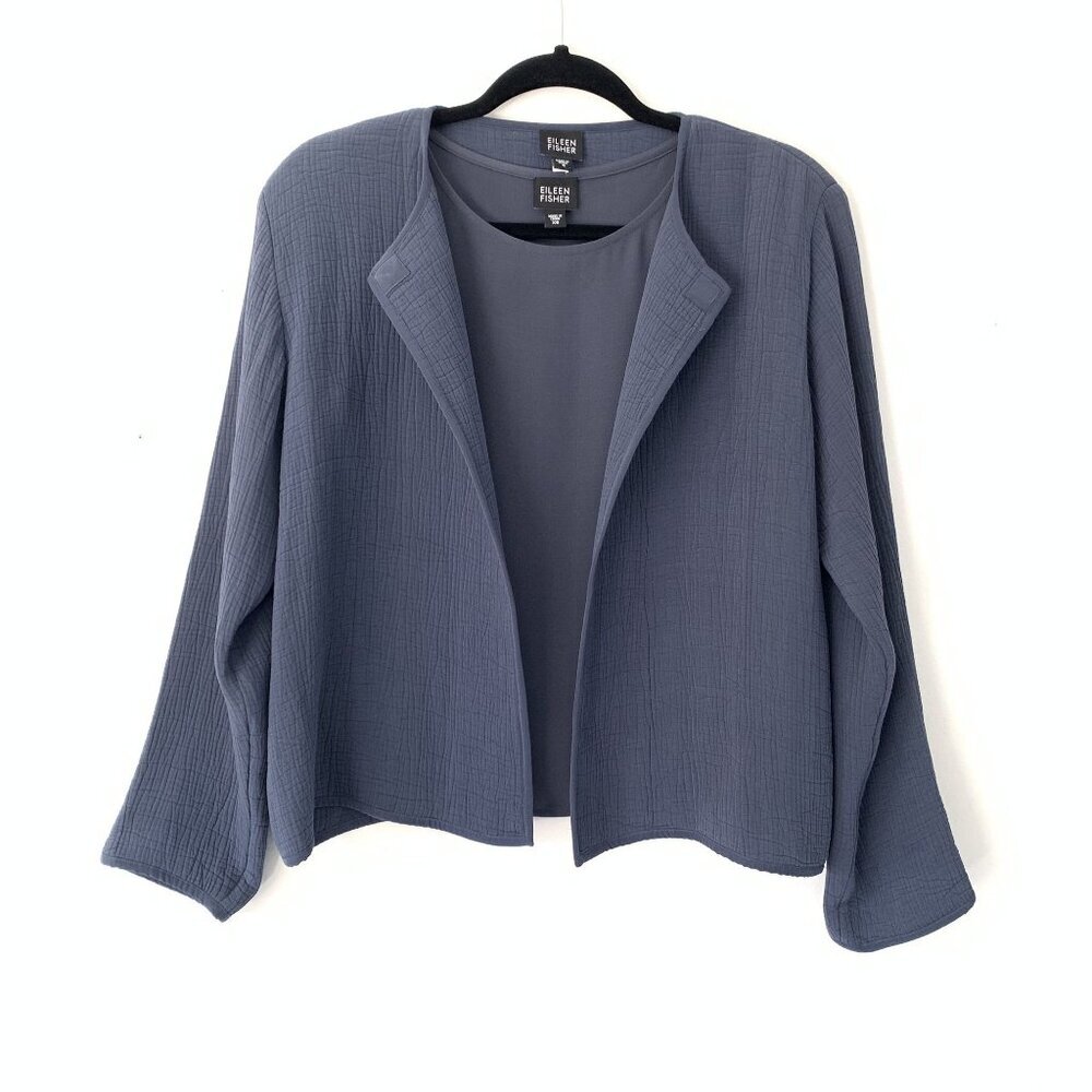 Eileen Fisher XS Gray Silk Shell Top & Textured Open Front Jacket Set Cardigan